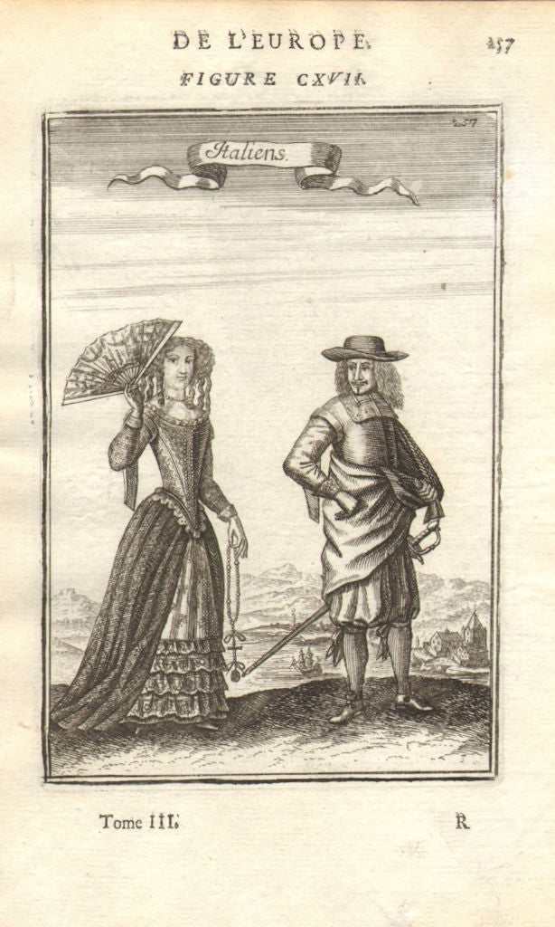 ITALY COSTUME. Italian man & woman in 17C dress. Fan. Sword. MALLET 1683 print